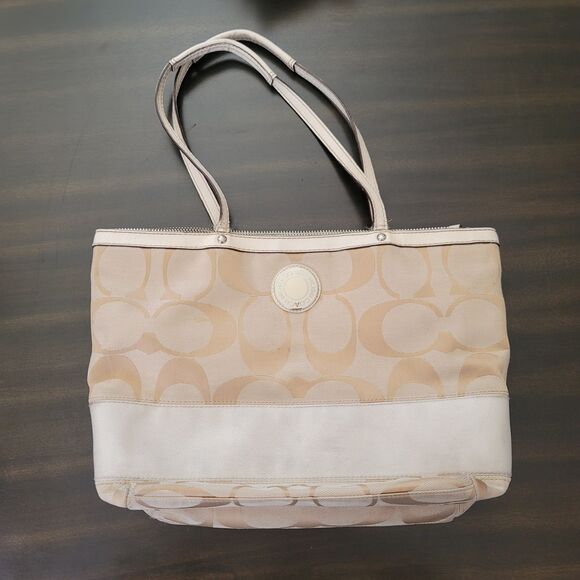 Coach Signature Stripe Shoulder Handbag Purse Brown Beige D1281-F19046 AS IS - Picture 1 of 16